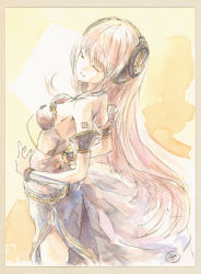 Rule 34 | 1girl, armband, bare shoulders, black skirt, commentary, cowboy shot, epoxy putty, closed eyes, from side, gold trim, headphones, leaning back, long hair, long skirt, megurine luka, megurine luka (vocaloid4), painting (medium), pink hair, shirt, shoulder tattoo, side slit, skirt, strapless, strapless shirt, tattoo, traditional media, v4x, very long hair, vocaloid, watercolor (medium)