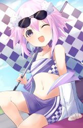 Rule 34 | 1girl, ;d, absurdres, alternate costume, arm support, bare shoulders, belly, bimmy, blush, breasts, checkered flag, cloud, crop top, d-pad, d-pad hair ornament, day, excited, eyewear on head, flag, flat chest, hair ornament, happy, highres, holding, holding flag, jacket, knee up, knees, legs, looking at viewer, medium hair, midriff, miniskirt, navel, neck, neptune (neptunia), neptune (series), off shoulder, one eye closed, open clothes, open jacket, open mouth, outdoors, purple eyes, purple hair, purple skirt, purple tank top, race queen, short hair, sitting, skirt, sky, small breasts, smile, solo, sunglasses, sunglasses on head, tank top, thighhighs, thighs, vvvtune, wink, winkopen clothes