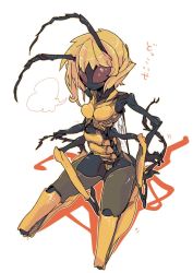 Rule 34 | 1girl, antennae, arthropod girl, arthropod limbs, black skin, blonde hair, breasts, brown sclera, colored sclera, colored skin, commentary request, extra arms, full body, highres, original, seiza, short hair, simple background, sitting, small breasts, solo, tomatojam, wasp girl, white background
