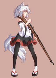 Rule 34 | 1girl, animal ear fluff, animal ears, bare shoulders, black pantyhose, bolt action, detached sleeves, gun, hat, highres, inubashiri momiji, looking away, nama shirasu, pantyhose, pom pom (clothes), profile, rifle, short hair, silver hair, simple background, socks over pantyhose, solo, tail, touhou, weapon, wolf ears, wolf tail, yellow eyes