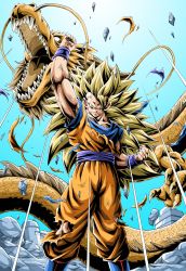Rule 34 | 1boy, animal hands, ankle boots, blonde hair, blue background, blue footwear, blue wristband, boots, building, clenched hands, closed mouth, dougi, dragon, dragon ball, dragon fist, dragonball z, emphasis lines, feet out of frame, floating rock, gradient background, green eyes, hand up, highres, legs apart, long hair, looking at viewer, male focus, no eyebrows, open mouth, pants, pectorals, rock, serious, sharp teeth, shirt, simple background, son goku, spiked hair, standing, super saiyan, super saiyan 3, teeth, torn clothes, torn pants, torn shirt, very long hair, whiskers, wristband, young jijii