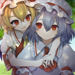 Rule 34 | 2girls, :d, ascot, bat wings, blonde hair, blush, flandre scarlet, frills, hair between eyes, hat, interlocked fingers, jewelry, looking at another, mob cap, multiple girls, nail polish, open mouth, puffy short sleeves, puffy sleeves, red eyes, red nails, red ribbon, remilia scarlet, ribbon, short hair, short sleeves, siblings, signature, sisters, slit pupils, smile, touhou, vest, victoria skyk, wings