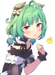 Rule 34 | 1girl, ahoge, animal ear fluff, animal ears, bare shoulders, black choker, black dress, blunt bangs, blush, cat ears, cat girl, choker, colored tips, commentary request, dress, flat chest, frills, from side, green hair, hair ornament, hand up, highres, hololive, looking at viewer, low twintails, medium hair, multicolored hair, parted lips, red eyes, short hair, simple background, skull hair ornament, solo, tearing up, twintails, upper body, uruha rushia, uruha rushia (3rd costume), virtual youtuber, white background, wrist cuffs, yudetama