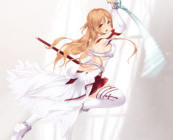 Rule 34 | 1girl, armor, asuna (sao), back, bare shoulders, braid, breastplate, breasts, brown eyes, brown hair, cait aron, commentary request, dress, hair between eyes, highres, holding, holding sword, holding weapon, long hair, long sleeves, looking at viewer, looking back, medium breasts, motion blur, open mouth, pleated skirt, red skirt, sheath, shoe soles, shoes, skirt, solo, sword, sword art online, thighhighs, torn clothes, torn dress, unsheathed, v-shaped eyebrows, very long hair, weapon, white armor, white dress, white footwear, white thighhighs
