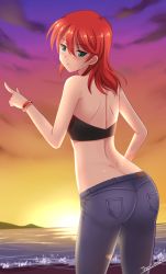 Rule 34 | 1girl, :o, ass, back, bare arms, bare shoulders, beach, blush, bracelet, butt crack, cowboy shot, denim, eba rin, evening, from behind, green eyes, highres, jewelry, kimi no iru machi, long hair, looking at viewer, looking back, red hair, solo, strapless, sunset, the-sinner, tube top