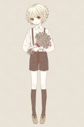 Rule 34 | 1boy, black shorts, black socks, blonde hair, bouquet, buttons, collared shirt, commentary, eleanor (ohmyeleanor), english commentary, flower, full body, green footwear, highres, holding, holding bouquet, light blush, looking at viewer, male focus, original, red ribbon, ribbon, sepia background, shirt, short hair, shorts, simple background, smile, socks, solo, standing, suspenders, victorian, white shirt, yellow eyes