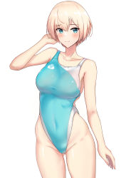 Rule 34 | 1girl, absurdres, blonde hair, blue eyes, blue one-piece swimsuit, breasts, competition swimsuit, gluteal fold, hair between eyes, highleg, highres, kantai collection, large breasts, looking at viewer, multicolored clothes, multicolored swimsuit, navel, one-piece swimsuit, short hair, simple background, sing152, smile, split mouth, swimsuit, thighs, tight clothes, victorious (kancolle), white background