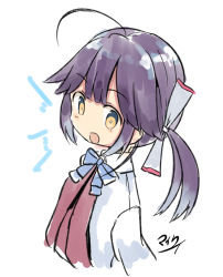 Rule 34 | ahoge, blue bow, blue bowtie, blunt bangs, bow, bowtie, collared shirt, commentary request, dress, hair ribbon, hayanami (kancolle), kantai collection, long sleeves, looking at viewer, maiku, notice lines, open mouth, orange eyes, parted bangs, purple dress, purple hair, ribbon, shirt, short hair, side ponytail, sidelocks, simple background, sketch, solo, white background, white ribbon, white shirt