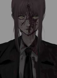 Rule 34 | 1girl, black jacket, black necktie, black suit, blood, blood on clothes, blood on face, blood splatter, bullet hole, chainsaw man, closed mouth, collared shirt, commentary, dress shirt, expressionless, eyelashes, formal, grey background, gunshot wound, highres, injury, jacket, kamo (kamonegioisi), lips, looking at viewer, makima (chainsaw man), medium hair, necktie, red eyes, ringed eyes, shirt, simple background, solo, suit, upper body, white shirt, wing collar, yellow eyes