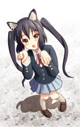 Rule 34 | 1girl, animal ears, black hair, brown eyes, cat ears, cat girl, chunpai, female focus, from above, full body, highres, k-on!, long hair, nakano azusa, neck ribbon, paw pose, red ribbon, ribbon, school uniform, solo, twintails, white background