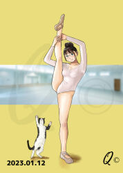 Rule 34 | 1girl, ballerina, black hair, cat, chignon, leotard, split, standing, standing on one leg, white leotard