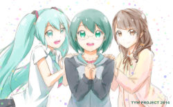 Rule 34 | 3girls, :d, brown eyes, brown hair, girl sandwich, green eyes, green hair, hands on another&#039;s shoulders, hatsune miku, highres, long hair, multiple girls, nicca (kid nicca), open mouth, original, sandwiched, school uniform, short hair, smile, twintails, vocaloid
