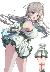 Rule 34 | 1girl, :d, absurdres, ass, blue neckwear, blush, breasts, collared shirt, commentary request, detached sleeves, fingerless gloves, glint, gloves, grey eyes, grey hair, hair between eyes, highres, hisakawa hayate, holding, holding microphone, idolmaster, idolmaster cinderella girls, kneepits, long hair, long sleeves, looking at viewer, looking to the side, medium breasts, microphone, multiple views, open mouth, pizzasi, pleated skirt, shirt, simple background, skirt, sleeveless, sleeveless shirt, smile, very long hair, white background, white gloves, white shirt, white skirt, white sleeves