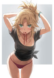 Rule 34 | 1girl, armpits, arms behind head, arms up, black shirt, blonde hair, blush, breasts, collarbone, fate/apocrypha, fate (series), green eyes, highres, long hair, looking at viewer, mordred (fate), mordred (fate/apocrypha), mouth hold, panties, parted bangs, ponytail, red panties, revision, shirt, short sleeves, sidelocks, small breasts, solo, tan, tanline, thighs, tied shirt, tonee, tying hair, underwear