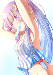 Rule 34 | 1girl, alternate costume, armpits, arms up, bracelet, crescent, crescent hair ornament, food, hair ornament, hair ribbon, hand in own hair, jewelry, long hair, midriff, mouth hold, navel, patchouli knowledge, pink eyes, popsicle, purple hair, ram hachimin, ribbon, shirt, sleeveless, sleeveless shirt, solo, striped clothes, striped shirt, sweat, touhou, tress ribbon, upper body, very long hair