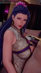 Rule 34 | 1boy, 1girl, 3d, animated, blue hair, bouquetman, breasts, clothed female nude male, earrings, highres, jewelry, looking at viewer, luong, nude, paizuri, paizuri under clothes, the king of fighters, the king of fighters xiv, the king of fighters xv, video