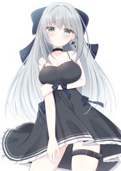 Rule 34 | 1girl, black dress, bow, breasts, choker, cleavage, dress, earrings, gluteal fold, green eyes, grey hair, hair bow, hair intakes, highres, jewelry, long hair, looking at viewer, original, ribbon, short dress, smile, solo, sundress, suzunashi rei, thigh strap, thighs
