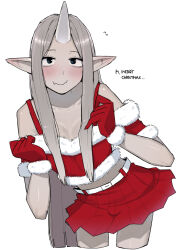 Rule 34 | blush, dress, english text, fang, fur trim, gloves, hat, horns, long hair, looking at viewer, merry christmas, midriff, ohasi, oni (ohasi), oni horns, original, pleated skirt, pointy ears, santa dress, santa hat, simple background, single horn, skin fang, skirt, solo, white background