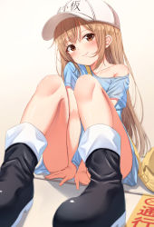 Rule 34 | 1girl, absurdres, bag, bare shoulders, baseball cap, between legs, black footwear, blue shirt, blush, boots, brown background, brown eyes, brown hair, character name, closed mouth, clothes writing, collarbone, commentary request, fingernails, flag, gradient background, hair between eyes, hand between legs, hat, hataraku saibou, head tilt, highres, knees up, looking at viewer, off shoulder, platelet (hataraku saibou), shirt, short sleeves, shoulder bag, sitting, smile, solo, white hat, xue lu