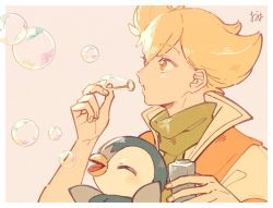 Rule 34 | 1boy, barry (pokemon), blonde hair, border, bubble, blowing bubbles, bubble wand, commentary request, creatures (company), from side, game freak, gen 4 pokemon, green scarf, holding, jacket, male focus, nintendo, omyo (myomyomyo22), orange eyes, piplup, pokemon, pokemon (creature), pokemon dppt, scarf, short hair, striped clothes, striped jacket, white border
