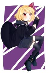 Rule 34 | 1girl, bad id, bad twitter id, belt, black collar, black footwear, black hoodie, black jacket, black thighhighs, blonde hair, blush, boots, collar, drawstring, full body, hair ribbon, heart, hood, hoodie, jacket, long sleeves, looking at viewer, purple background, red eyes, red ribbon, ribbon, rumia, short hair, smile, solo, thighhighs, tongue, tongue out, touhou, white background