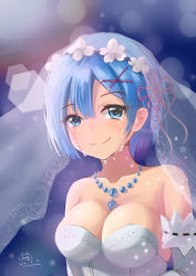 Rule 34 | 10s, 1girl, absurdres, bare shoulders, blue eyes, blue hair, breasts, cleavage, crying, detached sleeves, dress, hair ornament, highres, jewelry, large breasts, looking at viewer, maid headdress, necklace, pearl necklace, pink ribbon, re:zero kara hajimeru isekai seikatsu, rem (re:zero), ribbon, short hair, smile, solo, strapless, tears, upper body, veil, wedding dress, x hair ornament, zhudacaimiao