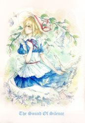Rule 34 | 1girl, apron, bird, bird on hand, blonde hair, blue dress, bug, butterfly, dove, dress, english text, flower, hand on own chest, hat, hat ribbon, highres, bug, kana anaberal, looking up, petals, puffy short sleeves, puffy sleeves, ribbon, short hair, short sleeves, solo, touhou, touhou (pc-98), yellow eyes, yorktown cv-5