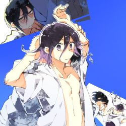 Rule 34 | arm grab, arms up, bare shoulders, black hair, black male swimwear, blue background, blush, brown eyes, checkered male swimwear, closed mouth, covering privates, danganronpa (series), danganronpa s: ultimate summer camp, danganronpa v3: killing harmony, grey jacket, hair between eyes, highres, jacket, looking at another, male focus, male swimwear, multicolored clothes, multicolored jacket, multiple boys, navel, official alternate costume, open clothes, open jacket, oma kokichi, purple male swimwear, purple swim trunks, pushing, saihara shuichi, short sleeves, sumika (rrz03), swim trunks, swimsuit, translation request, two-tone jacket, white jacket