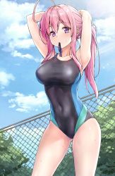 Rule 34 | 1girl, ahoge, armpits, arms up, bare arms, bare shoulders, black one-piece swimsuit, blue one-piece swimsuit, blue ribbon, blue sky, blush, breasts, chain-link fence, collarbone, commentary request, competition swimsuit, covered navel, cowboy shot, day, diffraction spikes, fence, gluteal fold, green one-piece swimsuit, hair tie, hair tie in mouth, highres, koyuki (kotatsu358), large breasts, long hair, looking at viewer, mouth hold, multicolored clothes, multicolored swimsuit, neet de otaku na kunoichi to naze ka dousei hajimemashita, one-piece swimsuit, outdoors, paid reward available, pink hair, ponytail, purple eyes, ribbon, shizuri (neet de otaku na kunoichi to naze ka dousei hajimemashita), sidelocks, sky, solo, sparkle, swimsuit, thighs, tying hair, water drop