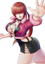 Rule 34 | 1girl, artist name, black dress, breasts, brown hair, cleavage, commentary, cropped jacket, dress, fur trim, hair between eyes, hand up, highres, jacket, large breasts, lips, long hair, looking at viewer, low twintails, open clothes, open jacket, open mouth, oroo, pink jacket, shermie (kof), shiny skin, short dress, simple background, solo, the king of fighters, the king of fighters xv, thighs, twintails, twisted torso, white background
