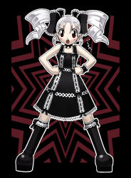 Rule 34 | absurdres, angry, blush, boots, goth fashion, hands on own hips, highres, kusaka souji, red eyes, ribbon, solo, twintails, white hair