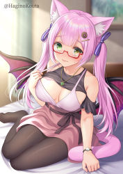 Rule 34 | 1girl, animal ears, bare shoulders, black pantyhose, blurry, blurry background, blush, bow, breasts, cat ears, cat girl, cat tail, cleavage, closed mouth, commission, demon wings, depth of field, green eyes, hagino kouta, hair bow, hair ornament, hairclip, indoors, looking at viewer, medium breasts, on bed, original, pantyhose, pink skirt, purple bow, red-framed eyewear, red wings, semi-rimless eyewear, sitting, skeb commission, skirt, smile, solo, striped, striped bow, tail, twitter username, under-rim eyewear, watch, wings, wristwatch, yokozuwari