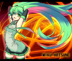 Rule 34 | 1girl, arched back, armpits, arms behind head, arms up, bad id, bad pixiv id, detached sleeves, elbow gloves, female focus, gloves, green eyes, green hair, hatsune miku, headphones, headset, kakaon, long hair, matching hair/eyes, necktie, skirt, smile, solo, thighhighs, twintails, very long hair, vocaloid, zettai ryouiki