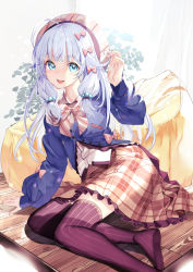 Rule 34 | 1girl, absurdres, antenna hair, beret, black legwear, blue cardigan, blue eyes, blue hair, bow, cardigan, charlotte suzu, commission, frilled skirt, frills, hair ornament, haruhina purple, hat, highres, holding, holding hair, indoors, long hair, long sleeves, looking at viewer, on floor, open mouth, pink bow, pink hat, pink ribbon, plaid, pleated skirt, production kawaii, puffy sleeves, ribbon, sitting, skeb commission, skirt, smile, solo, striped clothes, striped headwear, striped legwear, striped thighhighs, thighhighs, thighs, vertical-striped clothes, vertical-striped thighhighs, virtual youtuber
