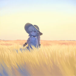 Rule 34 | 1girl, arms at sides, braid, closed mouth, collar, collarbone, dress, dry grass, expressionless, field, frilled dress, frills, grass, hat, horizon, koze niire, long hair, long pointy ears, looking at viewer, low twin braids, makaino ririmu, makaino ririmu (3rd costume), nijisanji, outdoors, pale skin, pointy ears, red collar, red eyes, sky, sleeveless, sleeveless dress, solo, standing, straw hat, sundress, tall grass, twin braids, virtual youtuber, white dress, white hair, wide shot, yellow sky