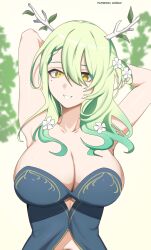 Rule 34 | 1girl, antlers, armpits, arms behind head, arms up, bare shoulders, blue dress, braid, braided bangs, branch, breasts, ceres fauna, cleavage, clothing cutout, collarbone, dress, flower, gradient eyes, green hair, hair between eyes, hair flower, hair ornament, hair over shoulder, highres, holocouncil, hololive, hololive english, horns, large breasts, long hair, looking at viewer, mole, mole under eye, multicolored eyes, multicolored hair, navel cutout, o22no, open mouth, qilin (mythology), simple background, sleeveless, smile, solo, underboob, underboob cutout, virtual youtuber, yellow eyes