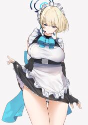 Rule 34 | 1girl, alternate breast size, arm at side, black gloves, blonde hair, blue archive, blue eyes, bow, bowtie, breasts, closed mouth, clothes lift, cowboy shot, earpiece, fingerless gloves, frills, gloves, grey background, hair bun, halo, hand up, headset, highres, large breasts, looking at viewer, maid, maid headdress, microphone, miya ur, short hair, simple background, skirt, skirt lift, solo, swept bangs, thigh gap, toki (blue archive)