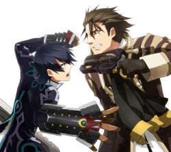 Rule 34 | 2boys, alvin (tales), battle, black gloves, black hair, brown eyes, brown hair, clenched hand, clenched teeth, coat, ascot, gauntlets, gloves, gun, jude mathis, kiyori (k-kyr), male focus, multiple boys, open mouth, spoilers, tales of (series), tales of xillia, teeth, weapon, white background