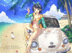 Rule 34 | 1girl, aki (akisora hiyori), beach, bikini, black hair, breasts, car, collarbone, commentary request, headband, highres, hololive, jacket, looking at viewer, motor vehicle, name connection, navel, object namesake, oozora subaru, oozora subaru (hololive summer 2019), palm tree, sand, sandals, short hair, sky, solo, subaru (brand), subaru 360, subaru duck, swimsuit, tree, v, vehicle focus, virtual youtuber