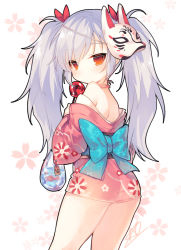 Rule 34 | 1girl, ao jun, ass, bag, bagged fish, bare shoulders, blue bow, blush, bow, candy apple, closed mouth, closers, cowboy shot, fish, floral background, floral print, food, fox mask, from behind, hair ribbon, holding, japanese clothes, jitome, kimono, long hair, long sleeves, looking at viewer, looking back, mask, mask on head, obi, off shoulder, orange eyes, pink kimono, print bow, print kimono, red eyes, ribbon, sash, short kimono, shoulder blades, silver hair, solo, star (symbol), star print, tina (closers), twintails, white background, wide sleeves