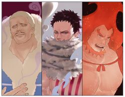 Rule 34 | 3boys, abs, beard, brothers, charlotte daifuku, charlotte katakuri, charlotte oven, chest tattoo, covered mouth, facial hair, forked eyebrows, large pectorals, male focus, multiple boys, muscular, muscular male, one piece, pectorals, pink hair, sasamiman, short hair, siblings, stitches, tattoo, upper body