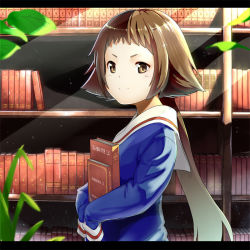 Rule 34 | 1girl, book, brown eyes, brown hair, letterboxed, library, long hair, looking at viewer, mikakunin de shinkoukei, mitsumine mashiro, school uniform, short hair with long locks, sleeves past wrists, smile, solo, tomitayaki