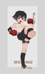 Rule 34 | 1boy, androgynous, black choker, black hair, black shorts, body blush, boxing gloves, choker, difman, english text, fang, feet, fighting stance, full body, kicking, looking at viewer, male focus, nipples, open mouth, original, red eyes, short hair, shorts, simple background, soles, solo, standing, standing on one leg, stirrup legwear, teeth, toeless legwear, toes, topless male, upper teeth only, white background