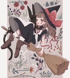 Rule 34 | 1girl, absurdres, apron, black dress, black flower, black hat, boots, broom, broom riding, brown footwear, brown hair, dress, flower, hair ribbon, hat, hat ribbon, highres, jikuno, knees up, long hair, open mouth, original, outline, red flower, red ribbon, ribbon, sidesaddle, smile, solo, white apron, white outline, witch, witch hat