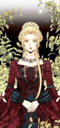 Rule 34 | 1girl, black dress, blonde hair, closed mouth, dress, highres, long hair, long sleeves, looking at viewer, navier ellie trovi, official art, red dress, serious, solo, the remarried empress, two-tone dress, very long hair, webtoon, yellow eyes