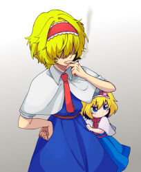 Rule 34 | 2girls, alice margatroid, blonde hair, blue dress, blue eyes, blush stickers, capelet, cigarette, closed mouth, commentary request, cookie (touhou), cowboy shot, dress, dress tug, food-themed hair ornament, frilled capelet, frills, hair between eyes, hair ornament, hairband, hand on own hip, highres, ichigo (cookie), jigen (cookie), looking to the side, multiple girls, neckerchief, necktie, odennoden, pink sash, red hairband, red neckwear, red sash, sash, short hair, smoking, strawberry hair ornament, touhou, white capelet