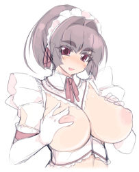 Rule 34 | 1girl, akatsuki alut, blush, breast suppress, breastless clothes, breasts, brown hair, elbow gloves, eyebrows, frills, gloves, huge breasts, inverted nipples, large breasts, long hair, maid, maid headdress, mel/a, nipples, no bra, open clothes, open mouth, original, ponytail, puffy nipples, red eyes, smile, solo, upper body, white gloves