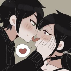 Rule 34 | 1boy, 1girl, andou (sino spkt), andrew graves, ashley graves, black collar, black hair, black shirt, black vest, blush, brother and sister, collar, french kiss, from side, green eyes, hand on another&#039;s cheek, hand on another&#039;s face, heart, incest, kiss, looking at another, low twintails, pink eyes, shirt, siblings, simple background, smile, speech bubble, spoken heart, sweat, the coffin of andy and leyley, tongue, tongue out, twintails, upper body, vest