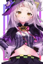 Rule 34 | 1girl, absurdres, black gloves, blunt bangs, blush, breasts, cleavage, commentary request, gloves, hair bun, hair ornament, hands on stomach, hat, highres, hololive, kirari (kira rin9), long hair, murasaki shion, murasaki shion (1st costume), navel, pinstripe pattern, pinstripe shirt, shirt, short eyebrows, side ponytail, single side bun, skirt, small breasts, smile, solo, star (symbol), star hair ornament, striped clothes, striped shirt, twitter username, vertical-striped clothes, vertical-striped shirt, virtual youtuber, white hair, witch, yellow eyes