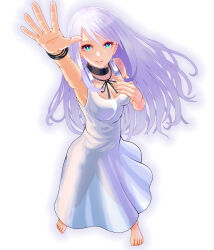 Rule 34 | 1girl, arm up, bare shoulders, barefoot, black choker, blue hair, bow, bracelet, breasts, choker, cleavage, closed mouth, dress, feet, full body, green eyes, highres, isolde (kof), jewelry, legs, long hair, looking at viewer, medium breasts, reaching, reaching towards viewer, sennin (fivestar omyc), sleeveless, sleeveless dress, smile, snk, solo, sundress, the king of fighters, the king of fighters 2002, toenails, toes, translucent, white dress, white hair
